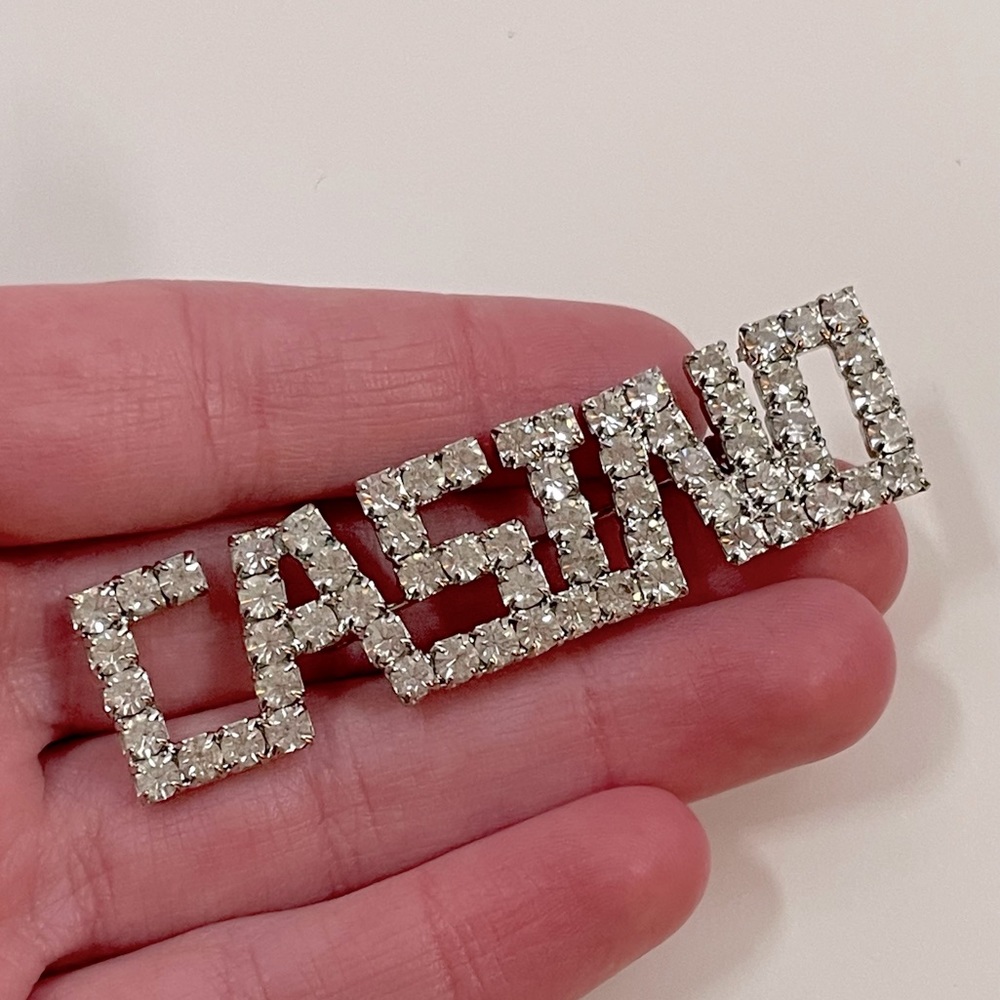 Vintage Silver Tone Rhinestone Casino Las Vegas Party Holiday Retro Pin / Brooch